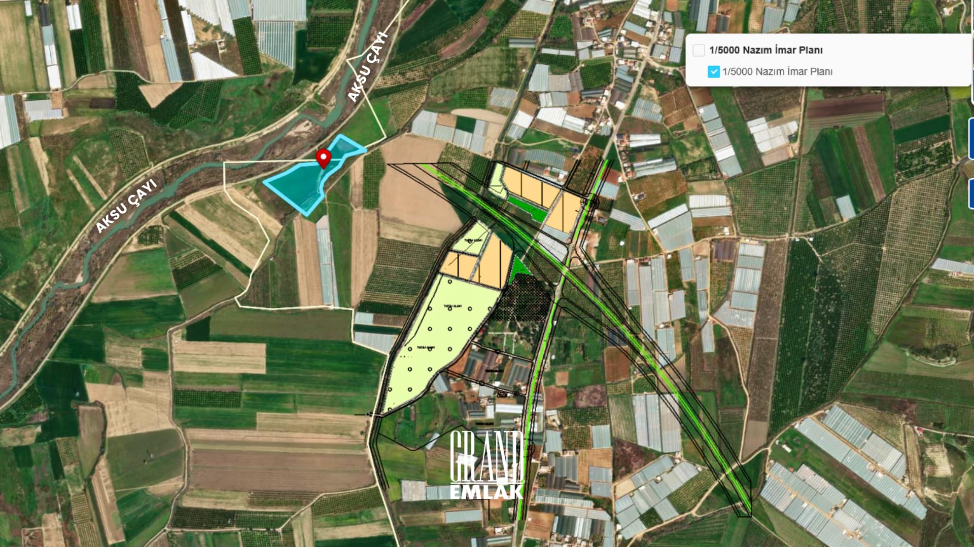 _Antalya, Aksu’da Nazmi İmar Planında 100’luk yola Cepheli 27.7 Dönüm Satılık Arazi logolu (1)